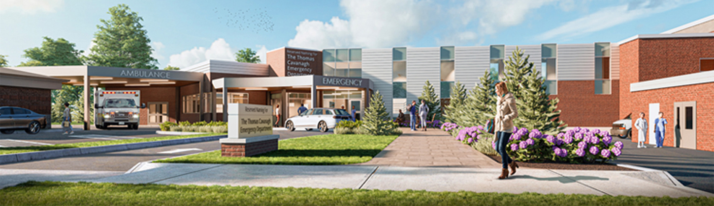 A digital rendering of the new hospital building showcasing its modern architecture and design featu